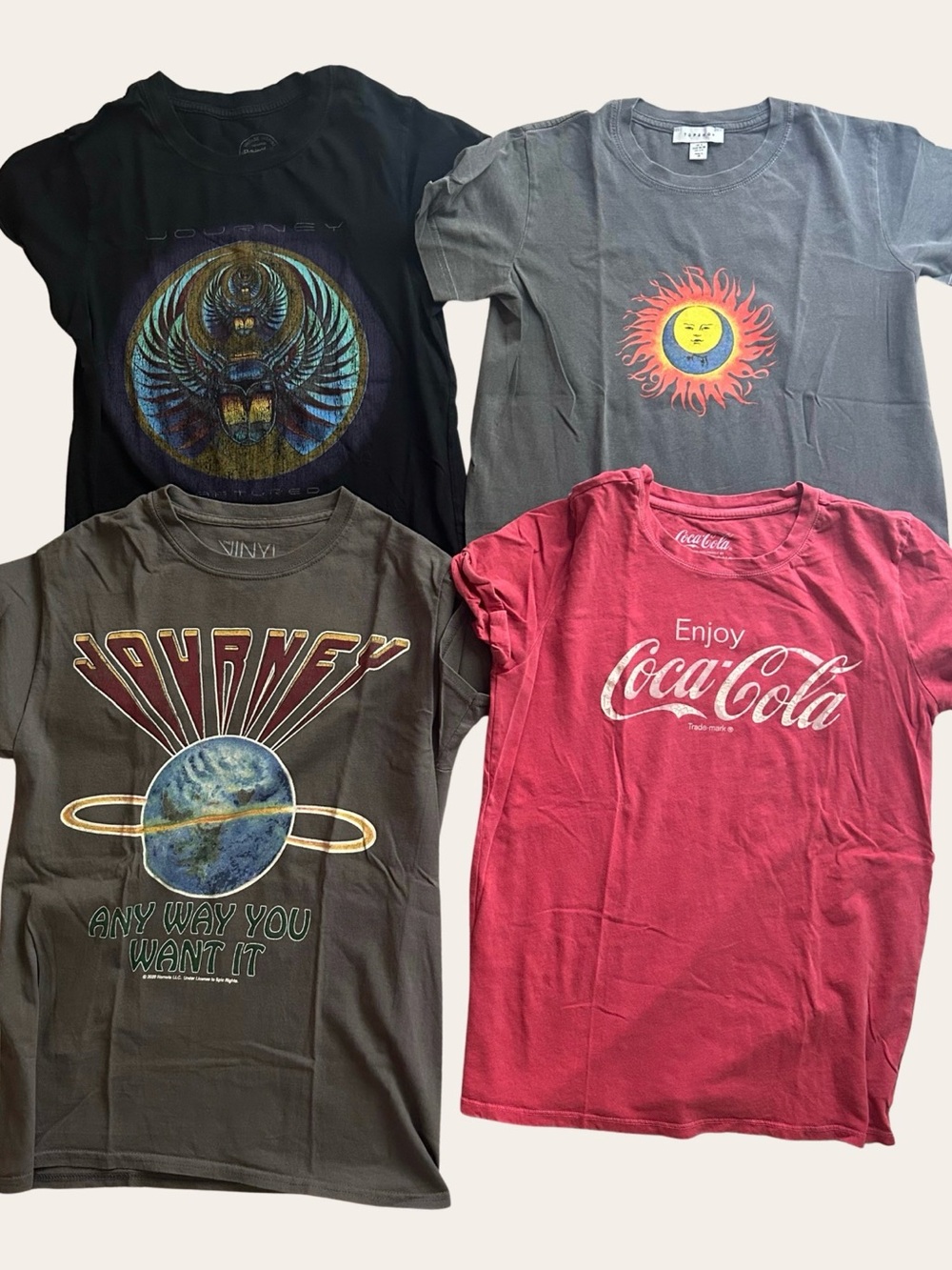 Women’s Lot of 4 Graphic Tees S/XS Enjoy Coke a Cola, Journey, Cotton